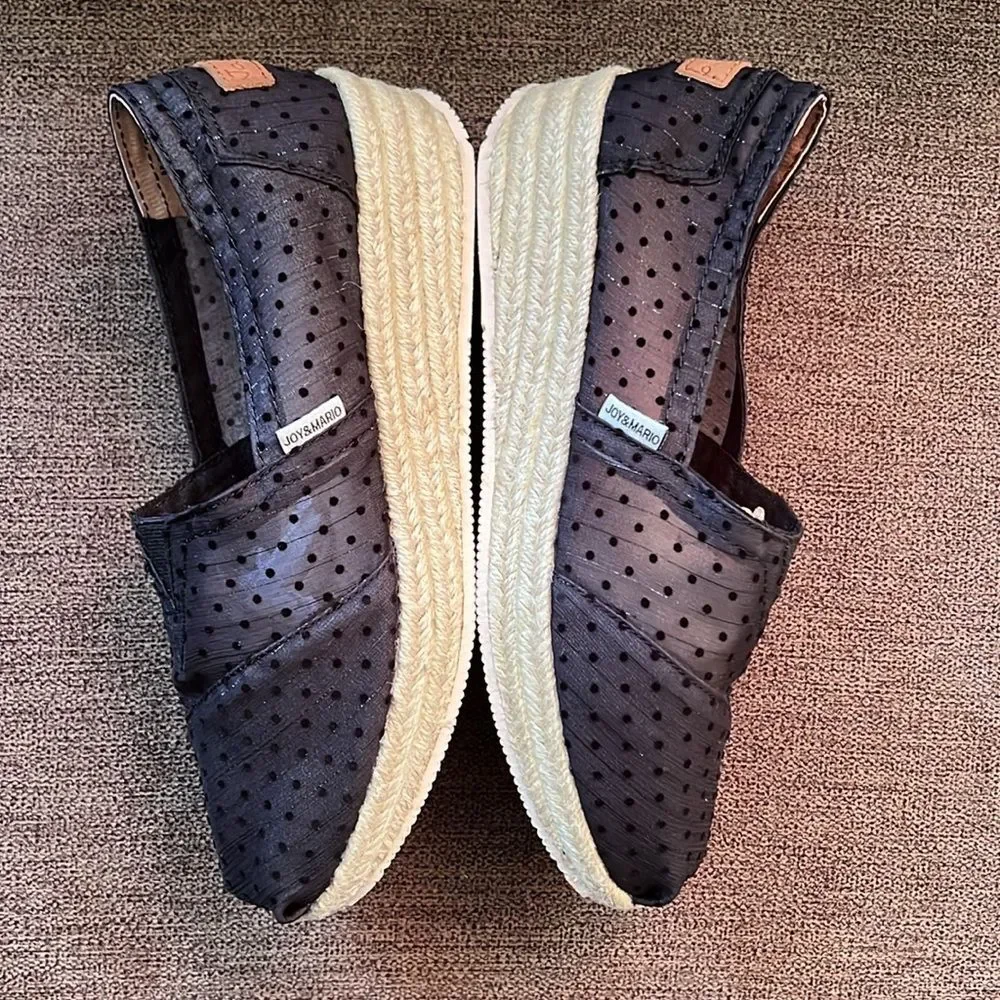 New Joy & Mario Polka Dot Mesh Espadrille Size 6.5W in Black
